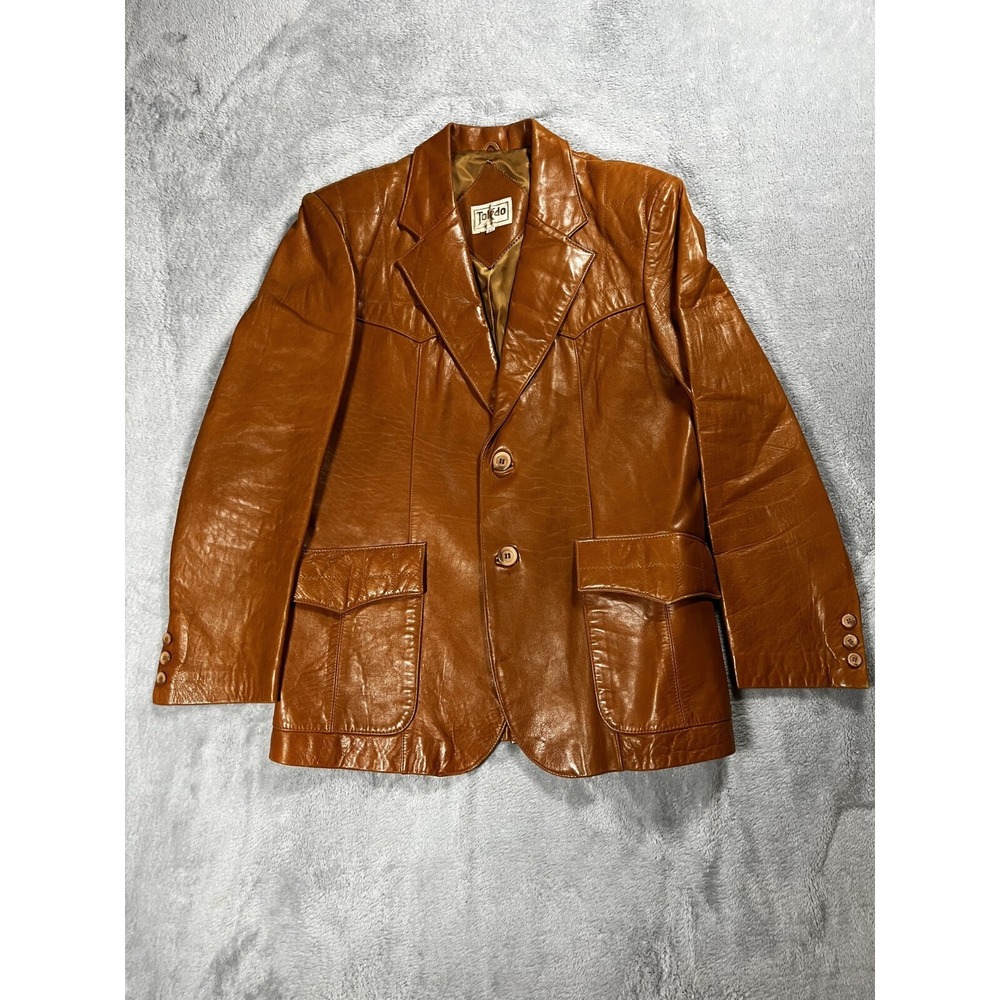 VTG Mens 40 100% Leather Coat Brown 2 Button Jacket Made in Hong Kong Disco Mob
